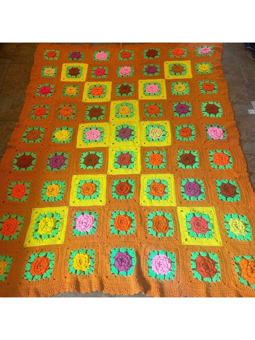 Gorgeous Vintage Colorful Crochet Blanket with 3D Floral Patterns Farmhouse Boho